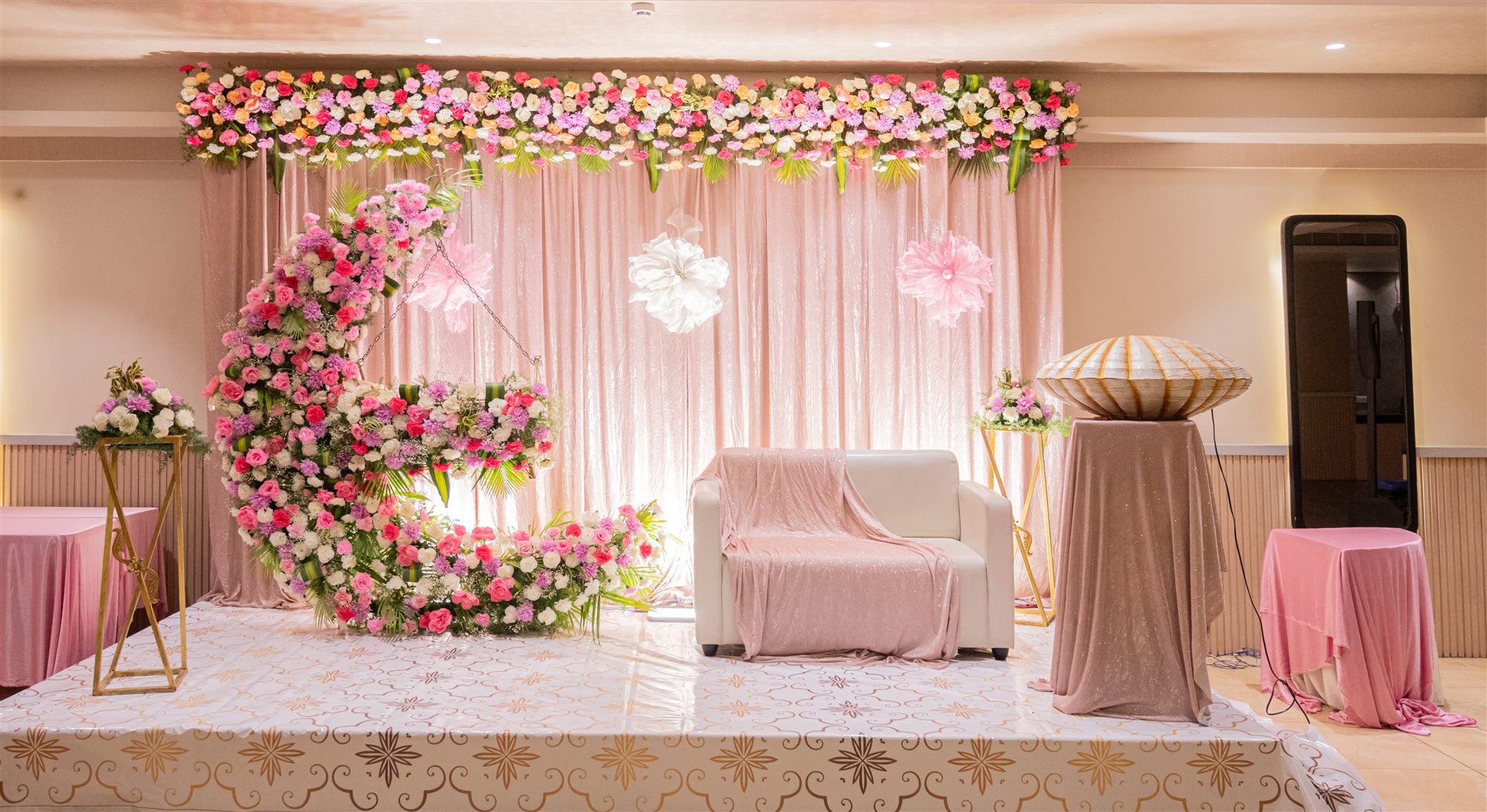 Royal wedding stage with floral arrangement by Creative Splash Chennai