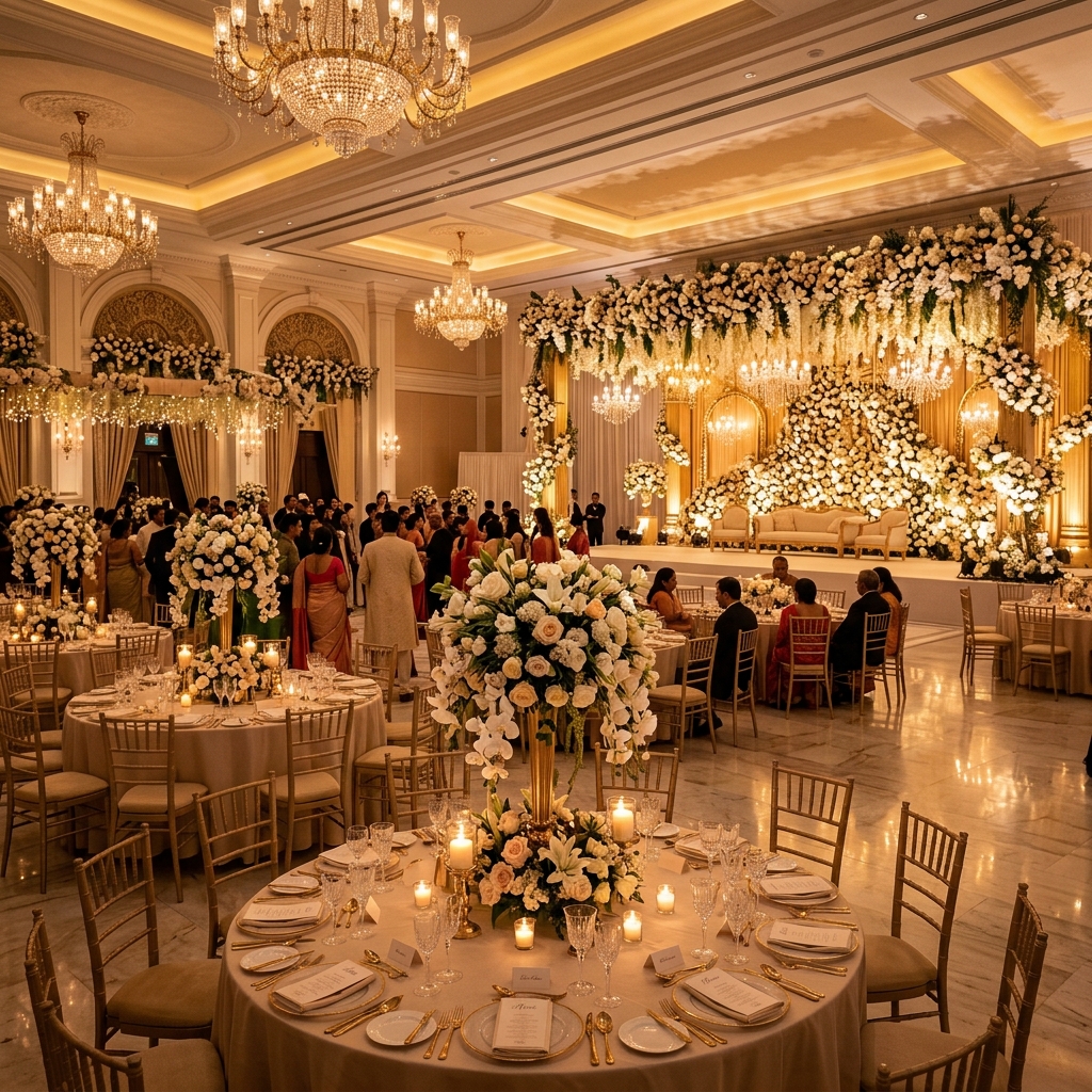 A breathtaking, luxury wedding reception setup in Chennai with elegant floral arrangements, warm golden lighting, and sophisticated table settings. Professional photography, high-end event decor.